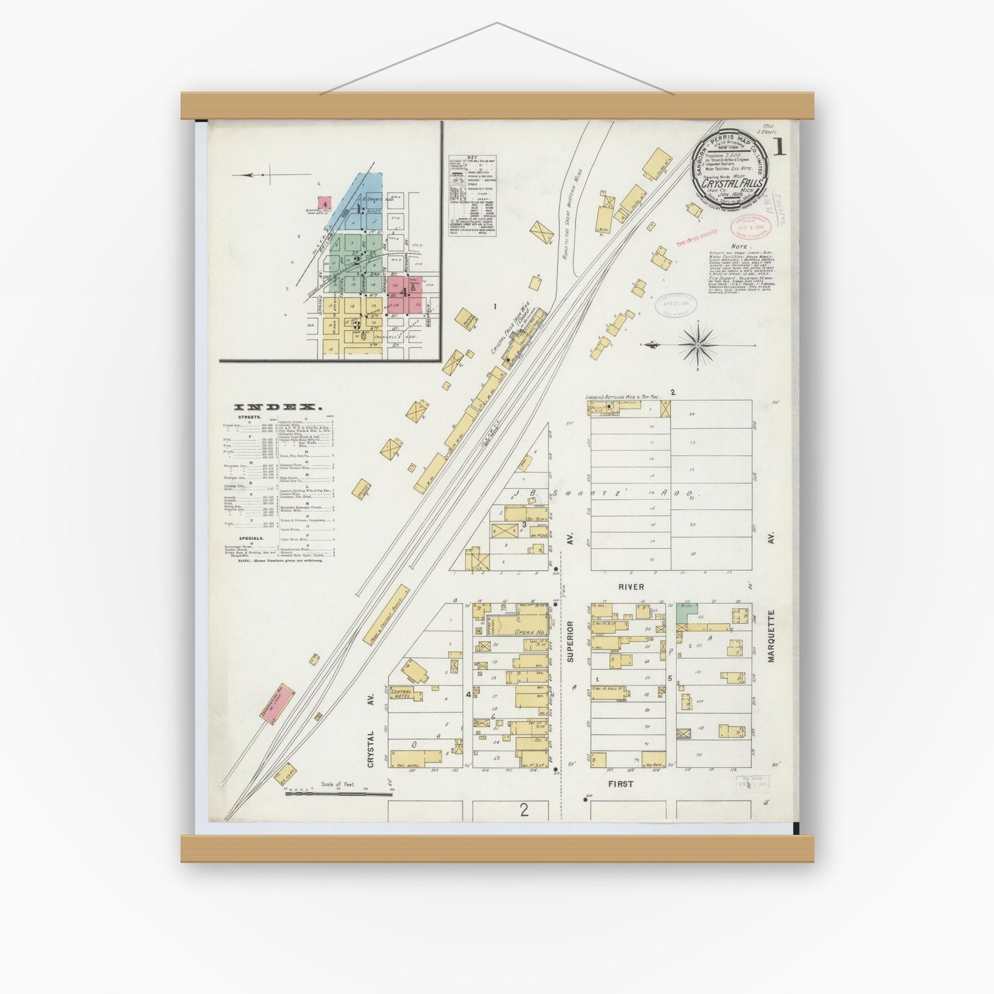 Old map wall art mockup — magnetic wood frame on white wall — Sanborn Fire Insurance Map from Crystal Falls, Iron County, Michigan (1898) - Complete Map Set