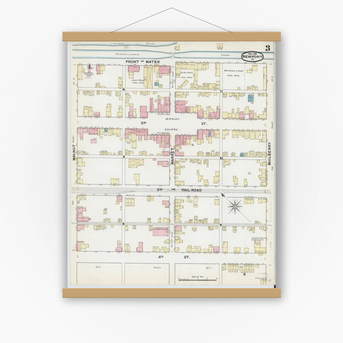 Old map wall art mockup — magnetic wood frame on white wall — Sanborn Fire Insurance Map from Newport, Perry County, Pennsylvania (1891), Sheet #0003
