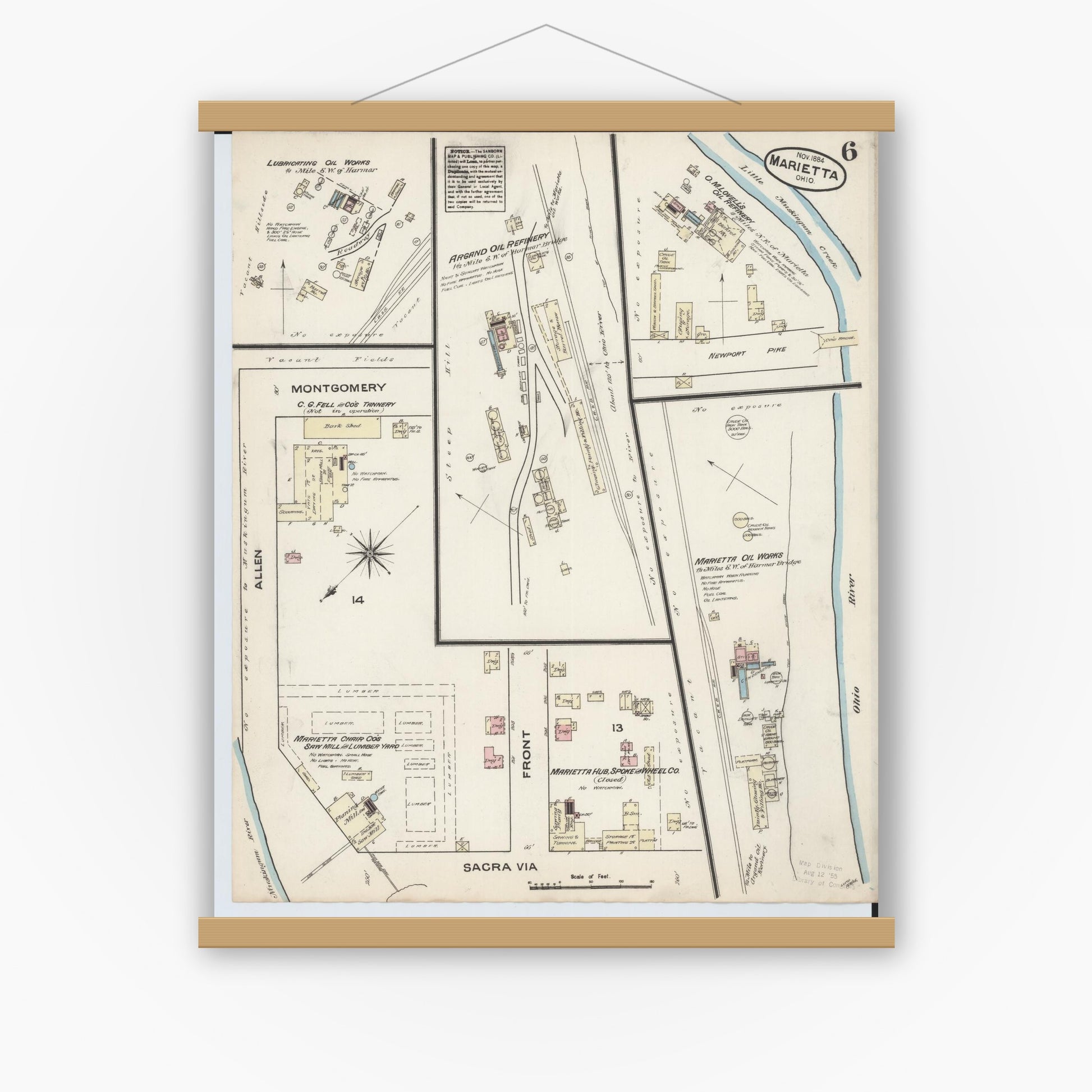 Old map wall art mockup — magnetic wood frame on white wall — Sanborn Fire Insurance Map from Marietta, Washington County, Ohio (1884), Sheet #0006