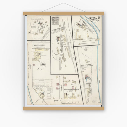 Old map wall art mockup — magnetic wood frame on white wall — Sanborn Fire Insurance Map from Marietta, Washington County, Ohio (1884), Sheet #0006