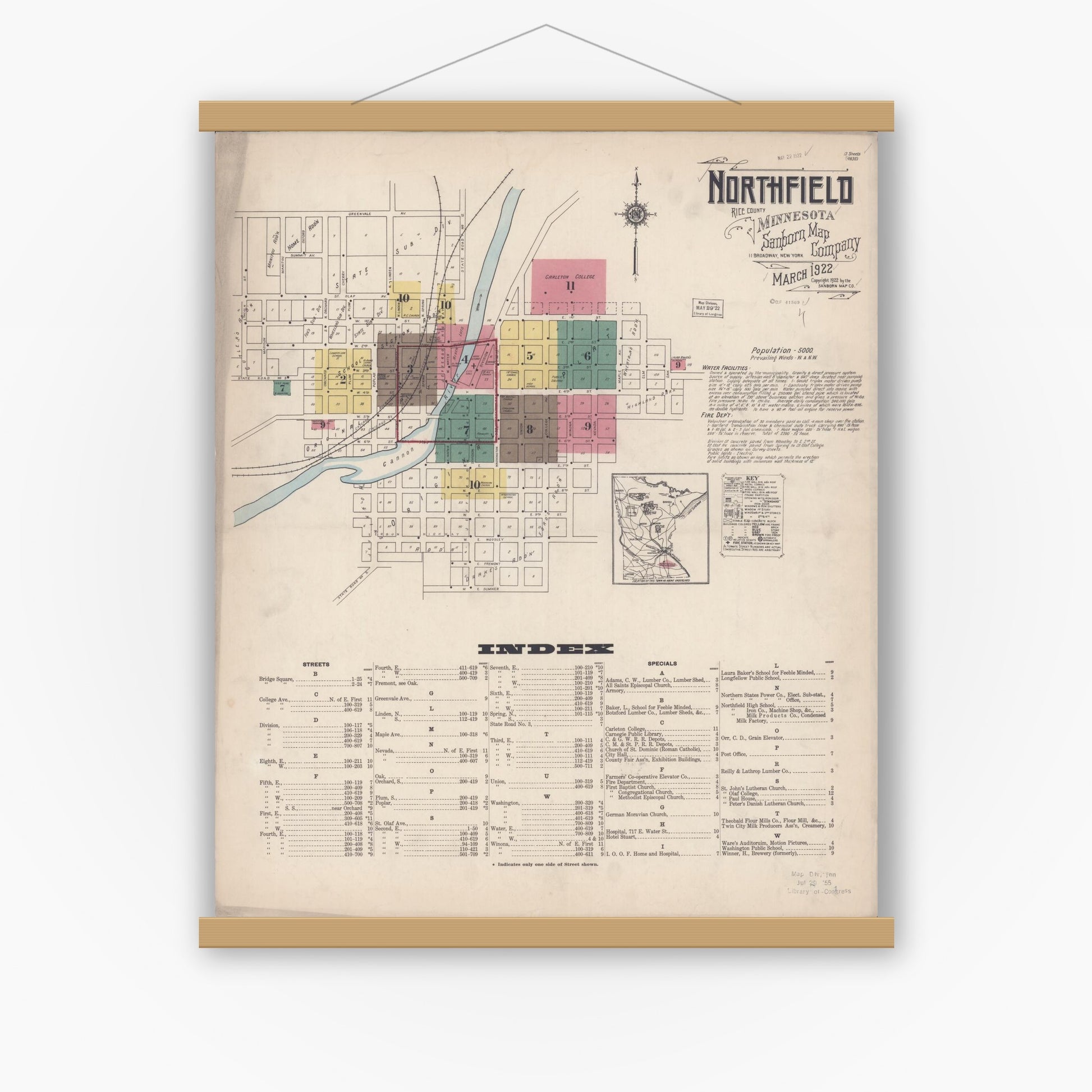 Old map wall art mockup — magnetic wood frame on white wall — Sanborn Fire Insurance Map from Northfield, Rice County, Minnesota (1922), Sheet #0001