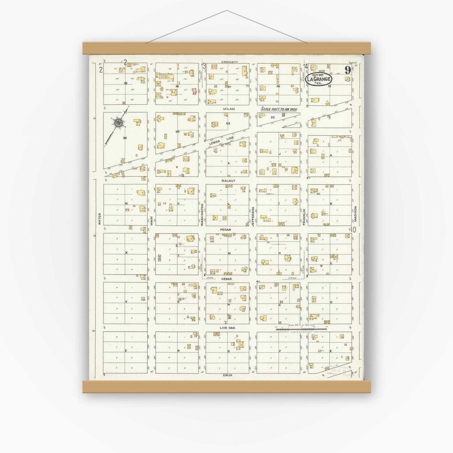Old map wall art mockup — magnetic wood frame on white wall — Sanborn Fire Insurance Map from La Grange, Fayette County, Texas (1921), Sheet #0009