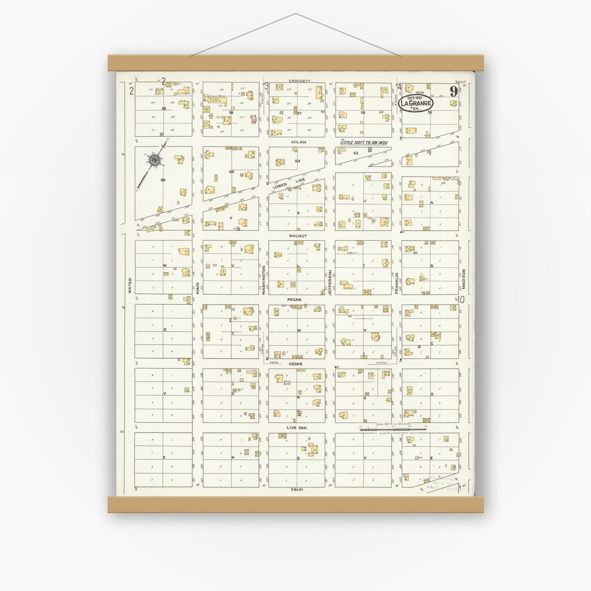 Old map wall art mockup — magnetic wood frame on white wall — Sanborn Fire Insurance Map from La Grange, Fayette County, Texas (1921), Sheet #0009