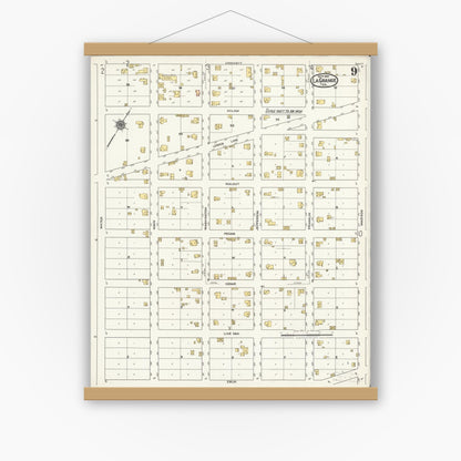 Old map wall art mockup — magnetic wood frame on white wall — Sanborn Fire Insurance Map from La Grange, Fayette County, Texas (1921), Sheet #0009