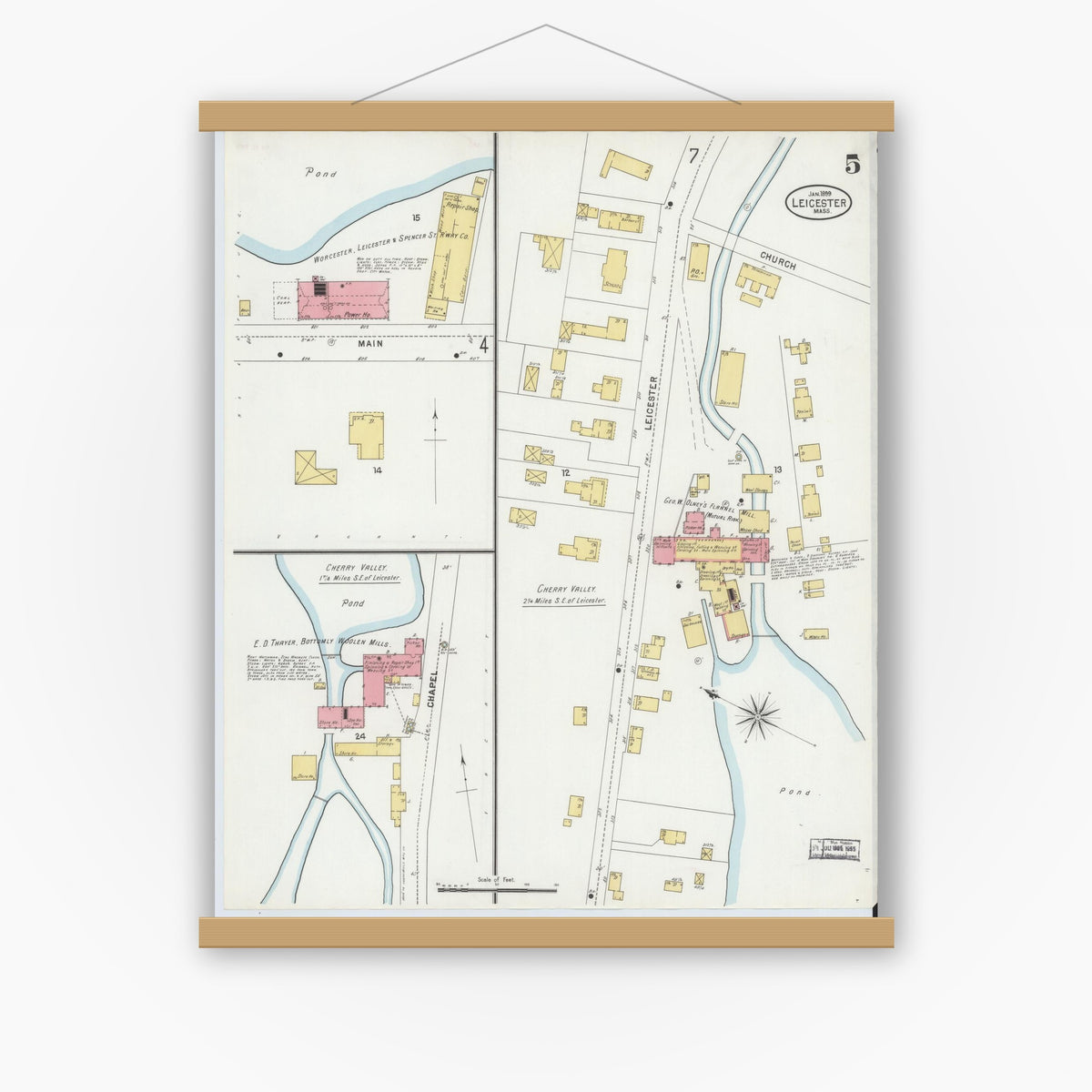 Old map wall art mockup — magnetic wood frame on white wall — Sanborn Fire Insurance Map from Leicester, Worcester County, Massachusetts (1889), Sheet #0005