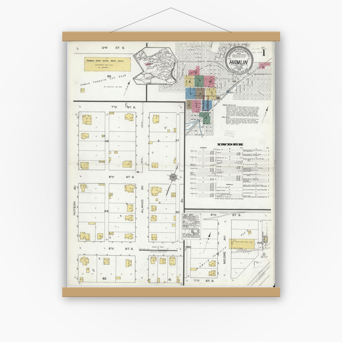Old map wall art mockup — magnetic wood frame on white wall — Sanborn Fire Insurance Map from Hamlin, Jones County, Texas (1919), Sheet #0001