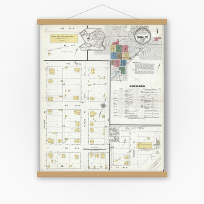 Old map wall art mockup — magnetic wood frame on white wall — Sanborn Fire Insurance Map from Hamlin, Jones County, Texas (1919), Sheet #0001