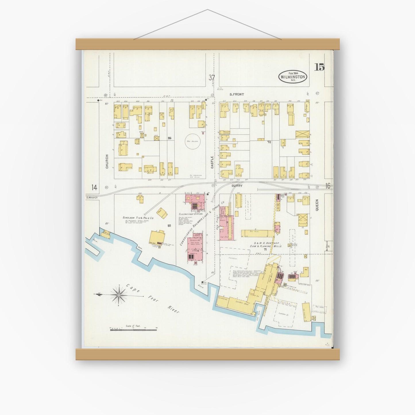 Old map wall art mockup — magnetic wood frame on white wall — Sanborn Fire Insurance Map from Wilmington, New Hanover County, North Carolina (1904), Sheet #0015