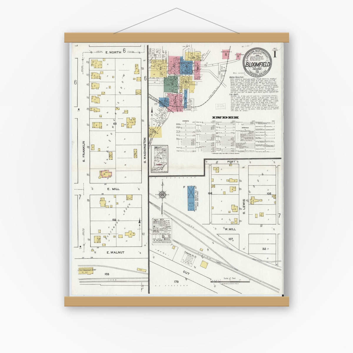 Old map wall art mockup — magnetic wood frame on white wall — Sanborn Fire Insurance Map from Bloomfield, Greene County, Indiana (1921), Sheet #0001