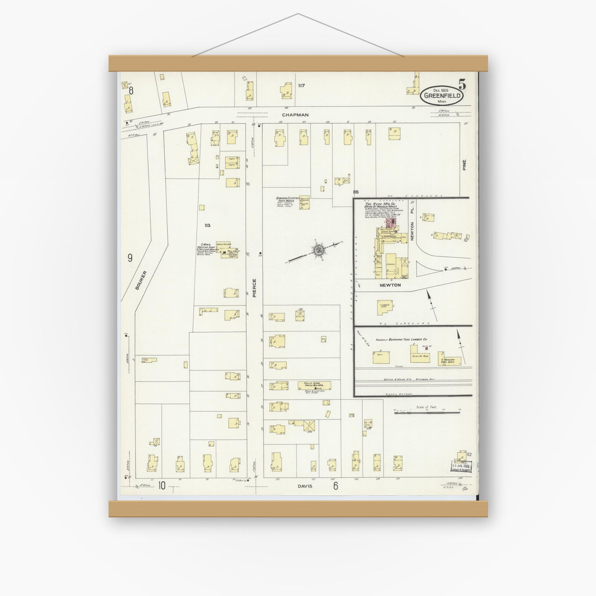 Old map wall art mockup — magnetic wood frame on white wall — Sanborn Fire Insurance Map from Greenfield, Franklin County, Massachusetts (1909), Sheet #0005