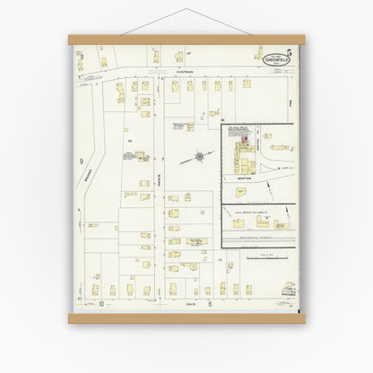 Old map wall art mockup — magnetic wood frame on white wall — Sanborn Fire Insurance Map from Greenfield, Franklin County, Massachusetts (1909), Sheet #0005