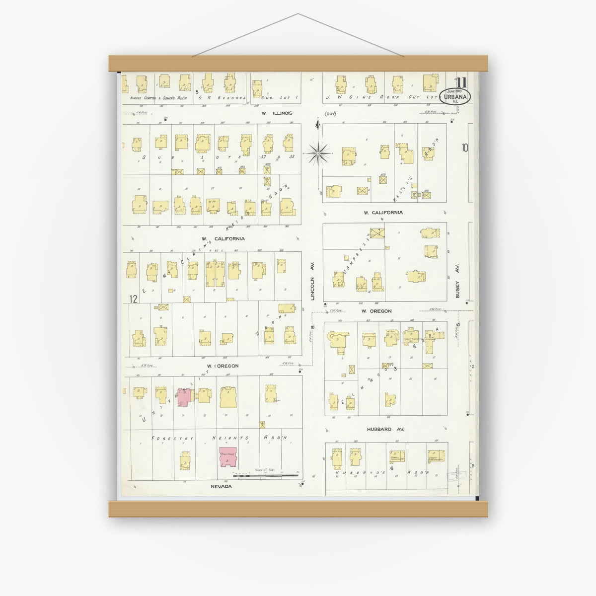 Old map wall art mockup — magnetic wood frame on white wall — Sanborn Fire Insurance Map from Urbana, Champaign County, Illinois (1909), Sheet #0011