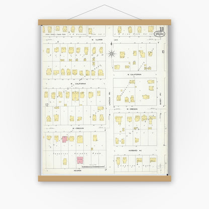Old map wall art mockup — magnetic wood frame on white wall — Sanborn Fire Insurance Map from Urbana, Champaign County, Illinois (1909), Sheet #0011