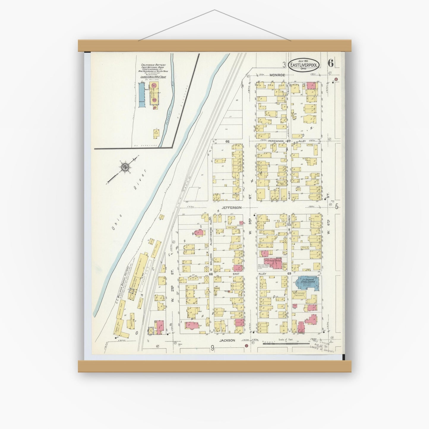 Old map wall art mockup — magnetic wood frame on white wall — Sanborn Fire Insurance Map from East Liverpool, Columbiana County, Ohio (1913), Sheet #0006