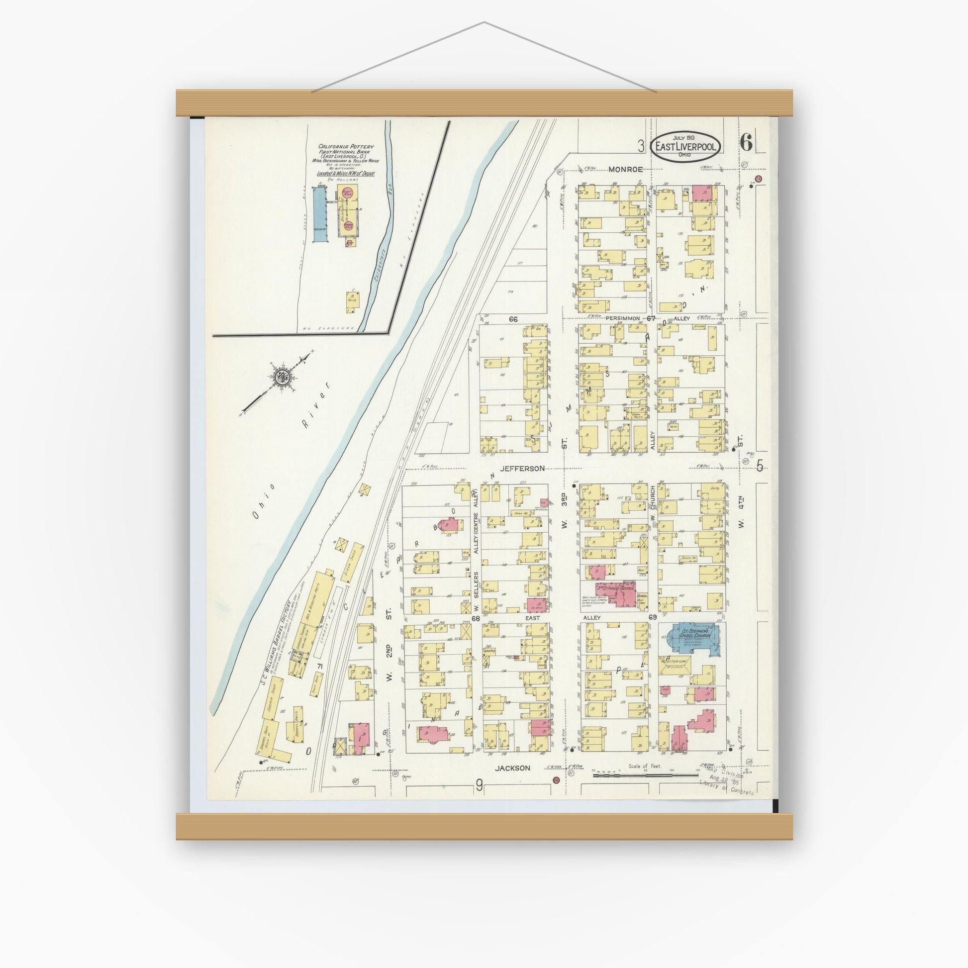 Old map wall art mockup — magnetic wood frame on white wall — Sanborn Fire Insurance Map from East Liverpool, Columbiana County, Ohio (1913), Sheet #0006