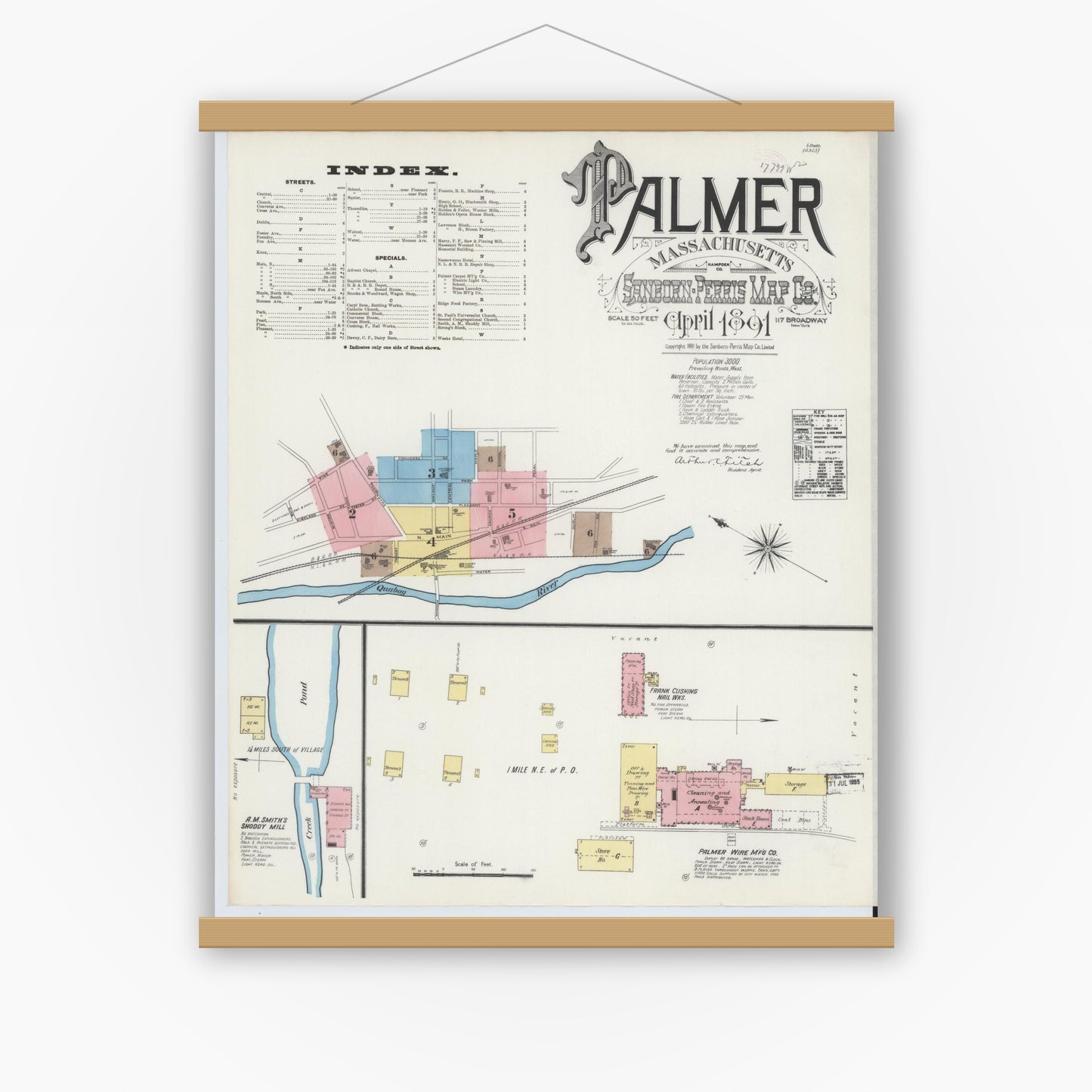 Old map wall art mockup — magnetic wood frame on white wall — Sanborn Fire Insurance Map from Palmer, Hampden County, Massachusetts (1891) - Complete Map Set