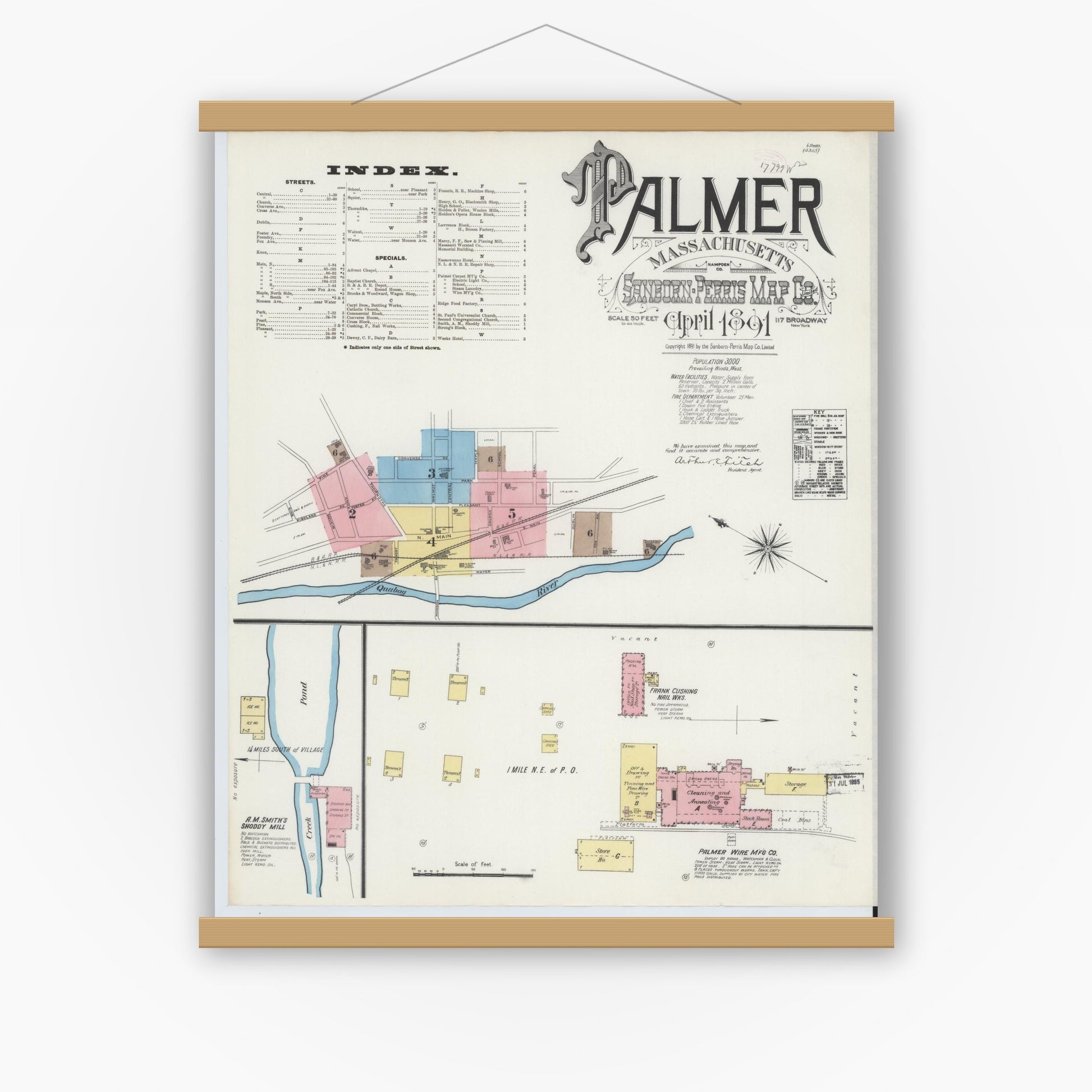 Old map wall art mockup — magnetic wood frame on white wall — Sanborn Fire Insurance Map from Palmer, Hampden County, Massachusetts (1891) - Complete Map Set