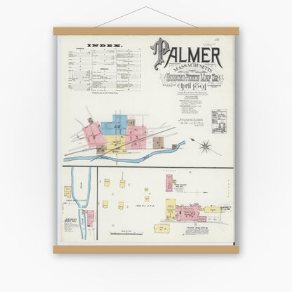 Old map wall art mockup — magnetic wood frame on white wall — Sanborn Fire Insurance Map from Palmer, Hampden County, Massachusetts (1891) - Complete Map Set
