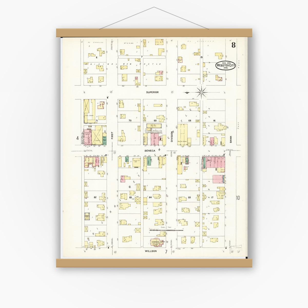 Old map wall art mockup — magnetic wood frame on white wall — Sanborn Fire Insurance Map from Webster City, Hamilton County, Iowa (1907), Sheet #0008