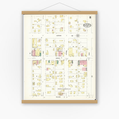 Old map wall art mockup — magnetic wood frame on white wall — Sanborn Fire Insurance Map from Webster City, Hamilton County, Iowa (1907), Sheet #0008