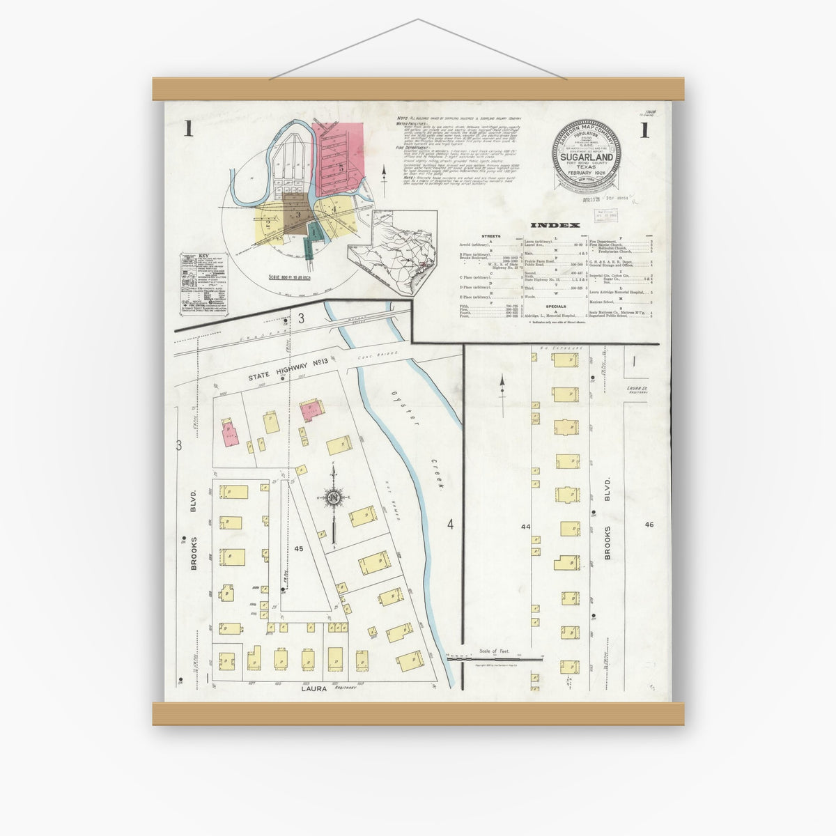 Old map wall art mockup — magnetic wood frame on white wall — Sanborn Fire Insurance Map from Sugarland, Fort Bend County, Texas (1926) - Complete Map Set