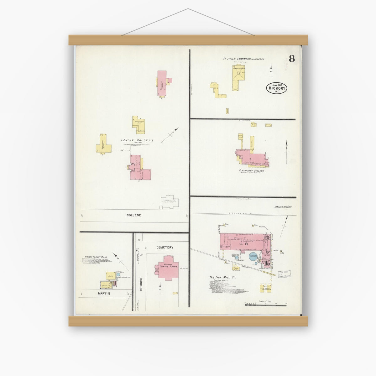 Old map wall art mockup — magnetic wood frame on white wall — Sanborn Fire Insurance Map from Hickory, Catawba County, North Carolina (1907), Sheet #0008