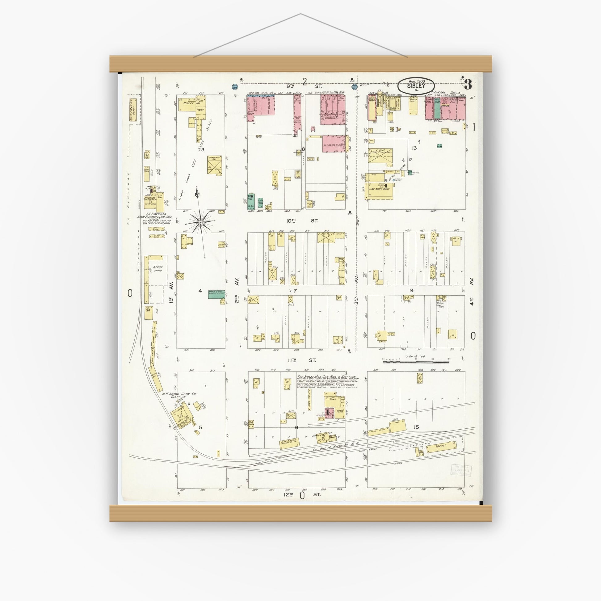 Old map wall art mockup — magnetic wood frame on white wall — Sanborn Fire Insurance Map from Sibley, Osceola County, Iowa (1900), Sheet #0003