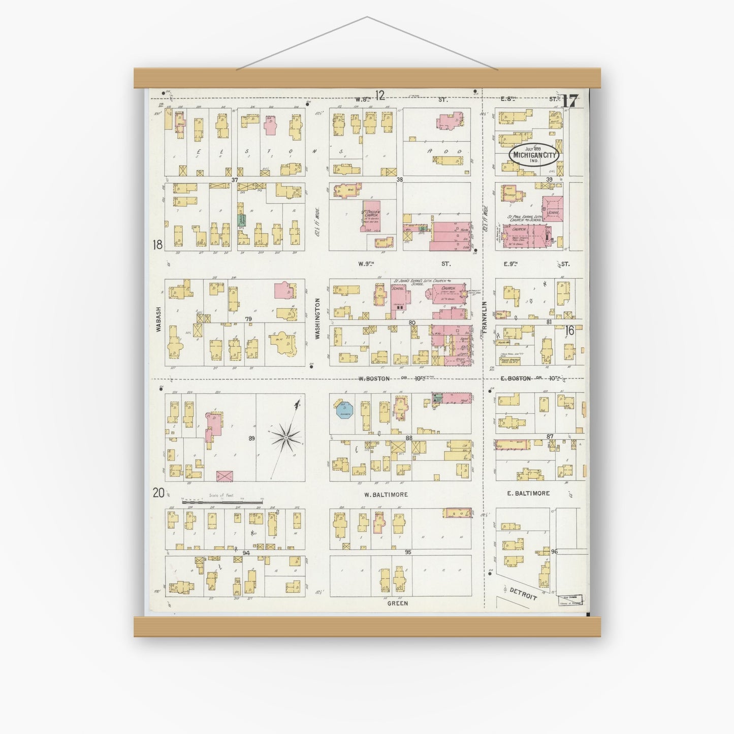 Old map wall art mockup — magnetic wood frame on white wall — Sanborn Fire Insurance Map from Michigan City, La Porte County, Indiana (1899), Sheet #0017