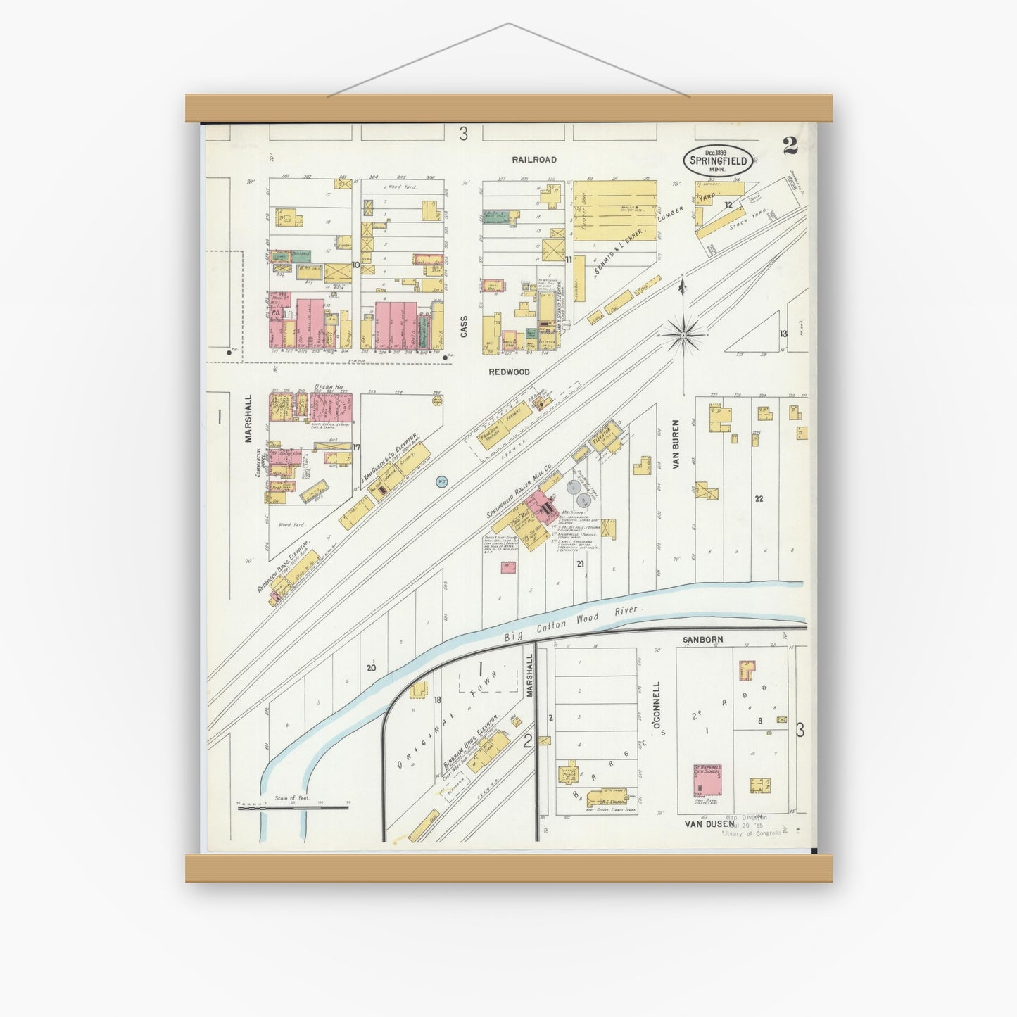 Old map wall art mockup — magnetic wood frame on white wall — Sanborn Fire Insurance Map from Springfield, Brown County, Minnesota (1899), Sheet #0002