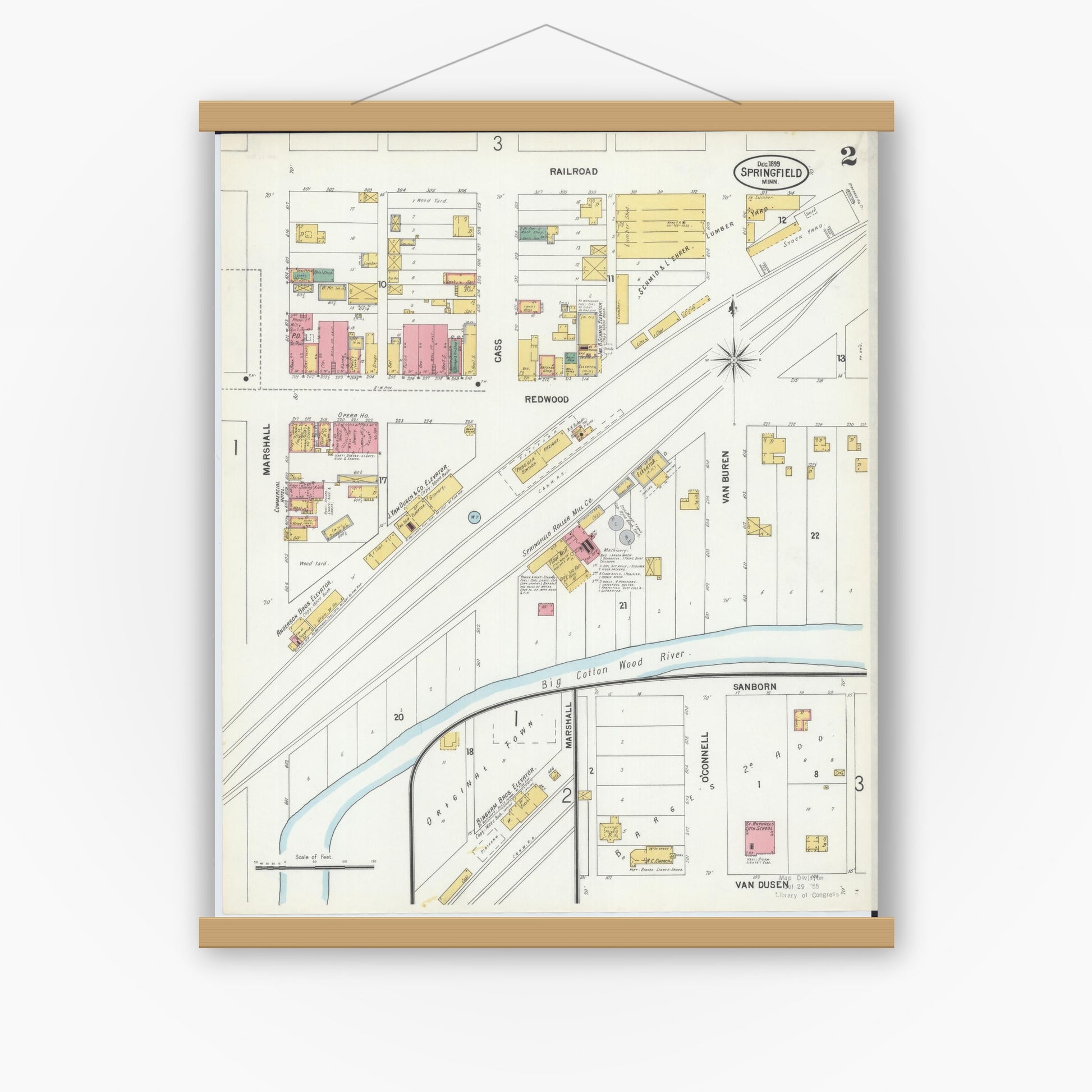 Old map wall art mockup — magnetic wood frame on white wall — Sanborn Fire Insurance Map from Springfield, Brown County, Minnesota (1899), Sheet #0002