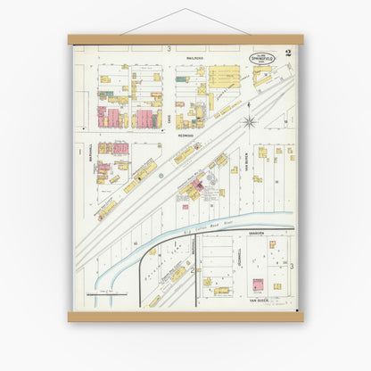 Old map wall art mockup — magnetic wood frame on white wall — Sanborn Fire Insurance Map from Springfield, Brown County, Minnesota (1899), Sheet #0002