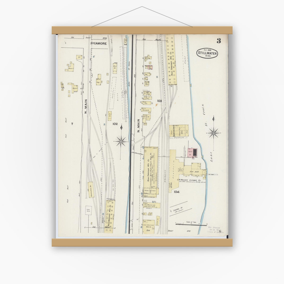 Old map wall art mockup — magnetic wood frame on white wall — Sanborn Fire Insurance Map from Stillwater, Washington County, Minnesota (1888), Sheet #0003