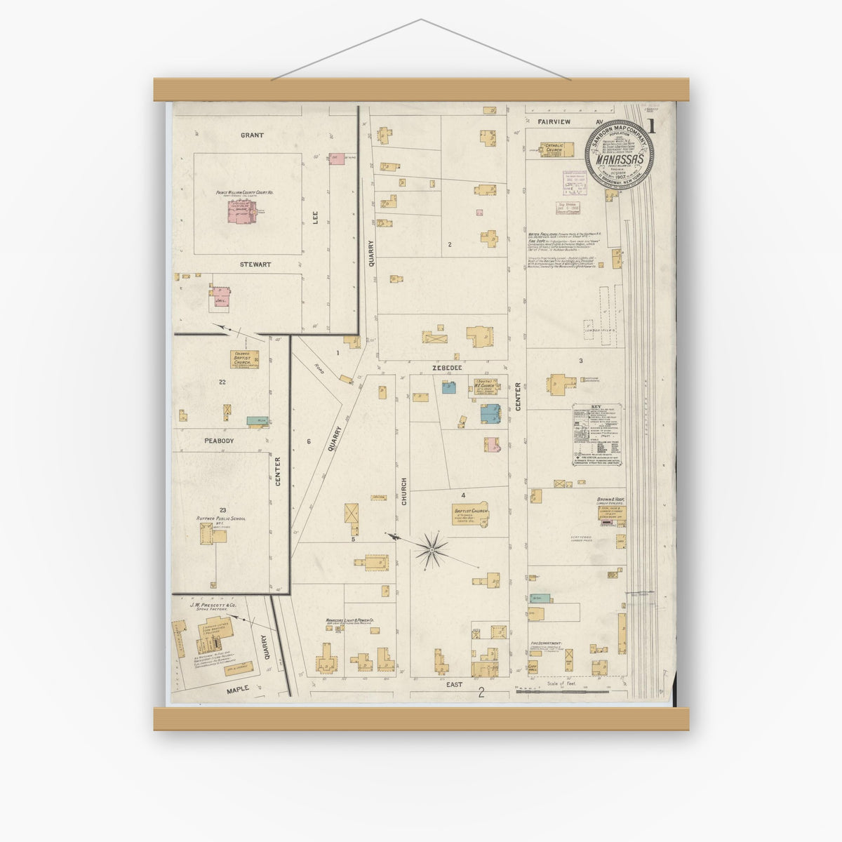 Old map wall art mockup — magnetic wood frame on white wall — Sanborn Fire Insurance Map from Manassas, Independent Cities, Virginia (1907) - Complete Map Set