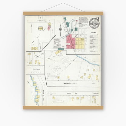 Old map wall art mockup — magnetic wood frame on white wall — Sanborn Fire Insurance Map from Eagle River, Vilas County, Wisconsin (1909), Sheet #0001