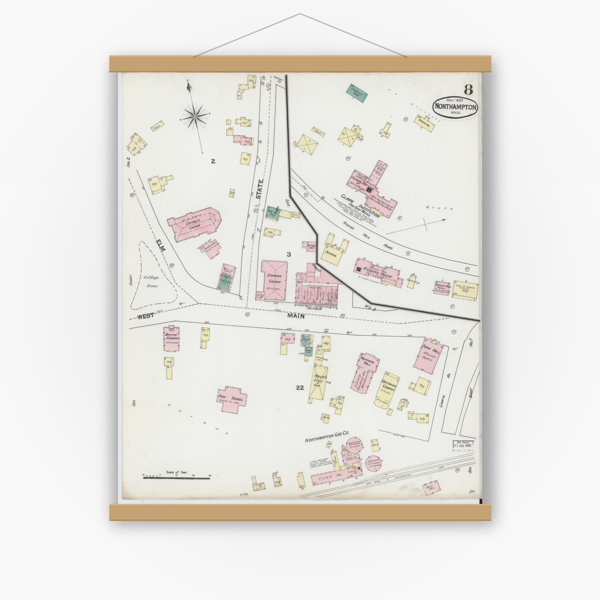 Old map wall art mockup — magnetic wood frame on white wall — Sanborn Fire Insurance Map from Northampton, Hampshire County, Massachusetts (1889), Sheet #0008