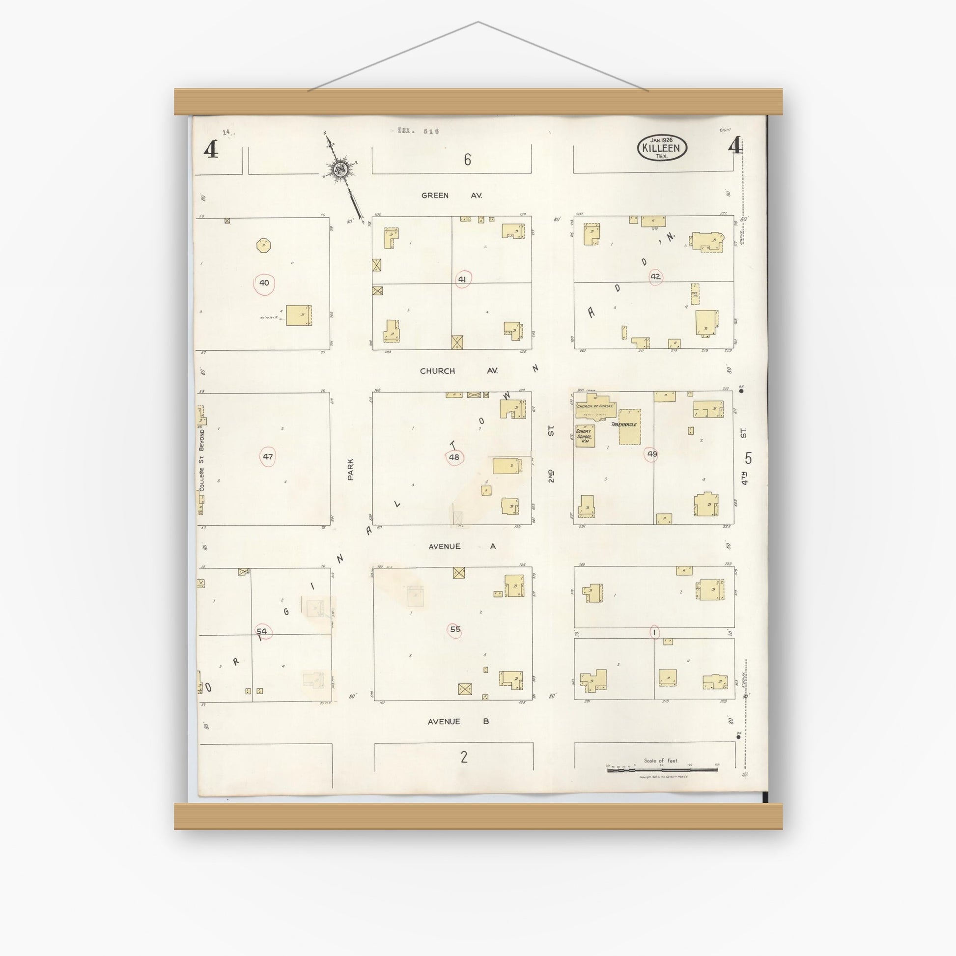 Old map wall art mockup — magnetic wood frame on white wall — Sanborn Fire Insurance Map from Killeen, Bell County, Texas (1937), Sheet #0004