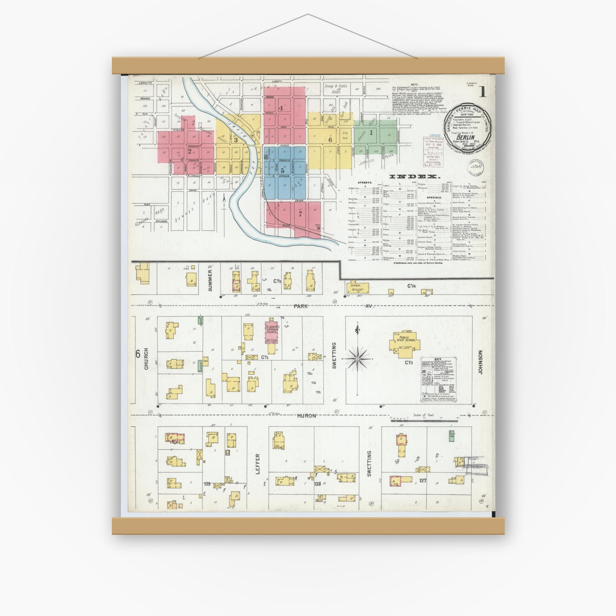 Old map wall art mockup — magnetic wood frame on white wall — Sanborn Fire Insurance Map from Berlin, Green Lake County, Wisconsin (1900), Sheet #0001