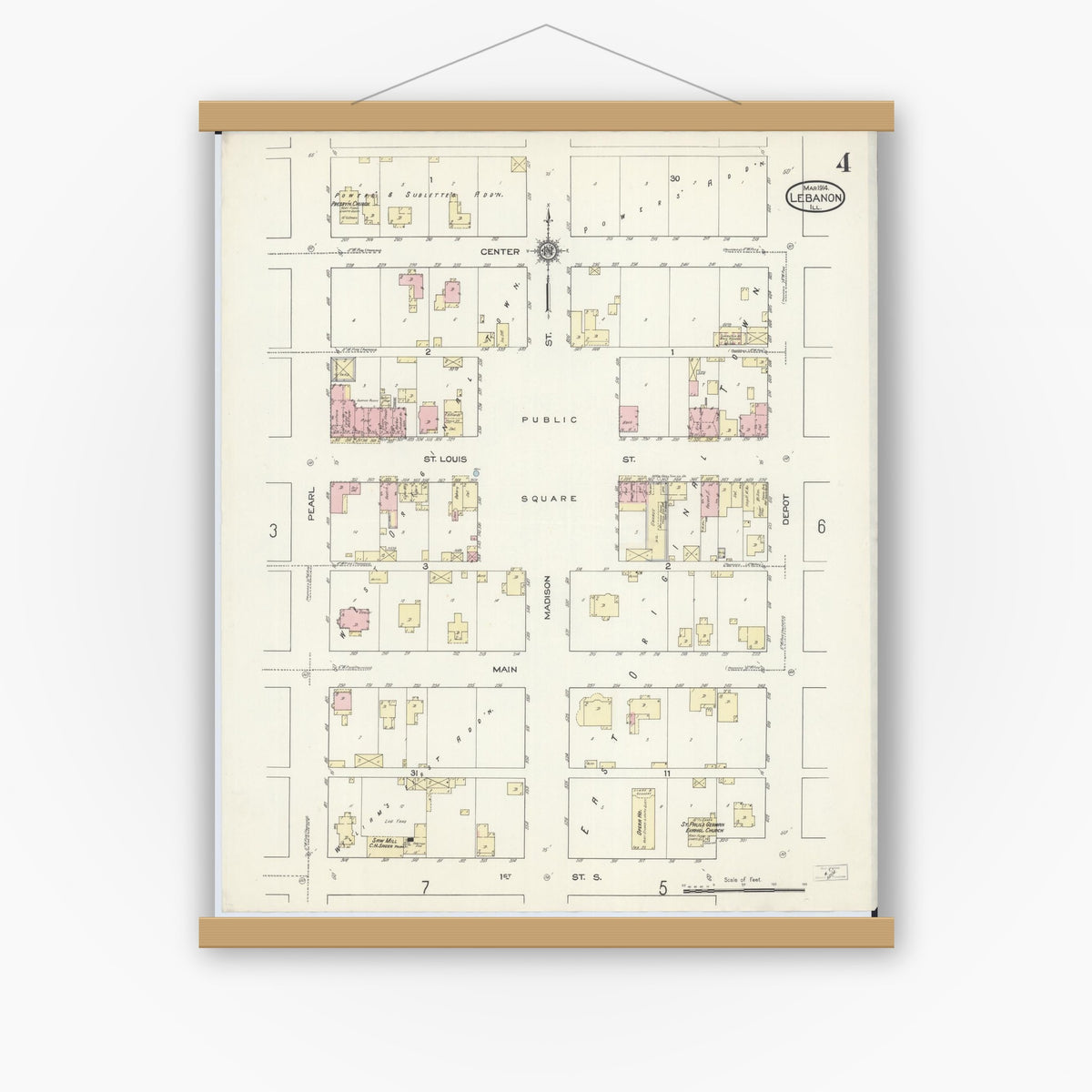 Old map wall art mockup — magnetic wood frame on white wall — Sanborn Fire Insurance Map from Lebanon, Saint Clair County, Illinois (1914), Sheet #0004