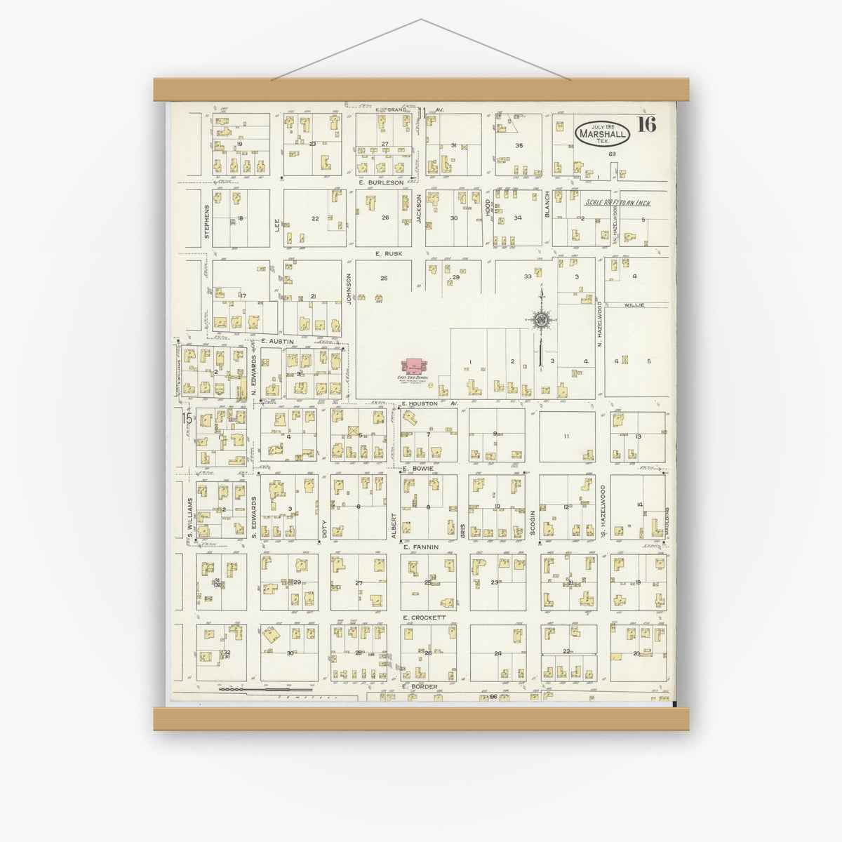 Old map wall art mockup — magnetic wood frame on white wall — Sanborn Fire Insurance Map from Marshall, Harrison County, Texas (1915), Sheet #0016