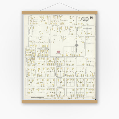 Old map wall art mockup — magnetic wood frame on white wall — Sanborn Fire Insurance Map from Marshall, Harrison County, Texas (1915), Sheet #0016