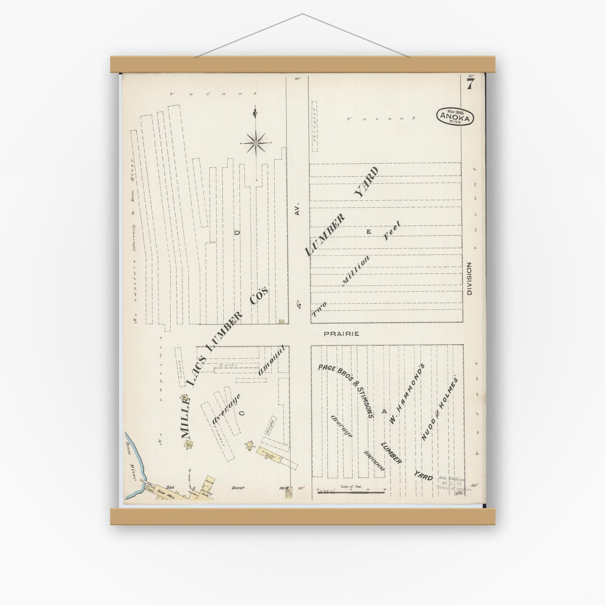 Old map wall art mockup — magnetic wood frame on white wall — Sanborn Fire Insurance Map from Anoka, Anoka County, Minnesota (1885), Sheet #0007