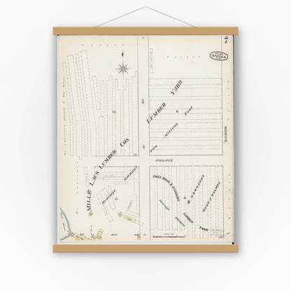 Old map wall art mockup — magnetic wood frame on white wall — Sanborn Fire Insurance Map from Anoka, Anoka County, Minnesota (1885), Sheet #0007