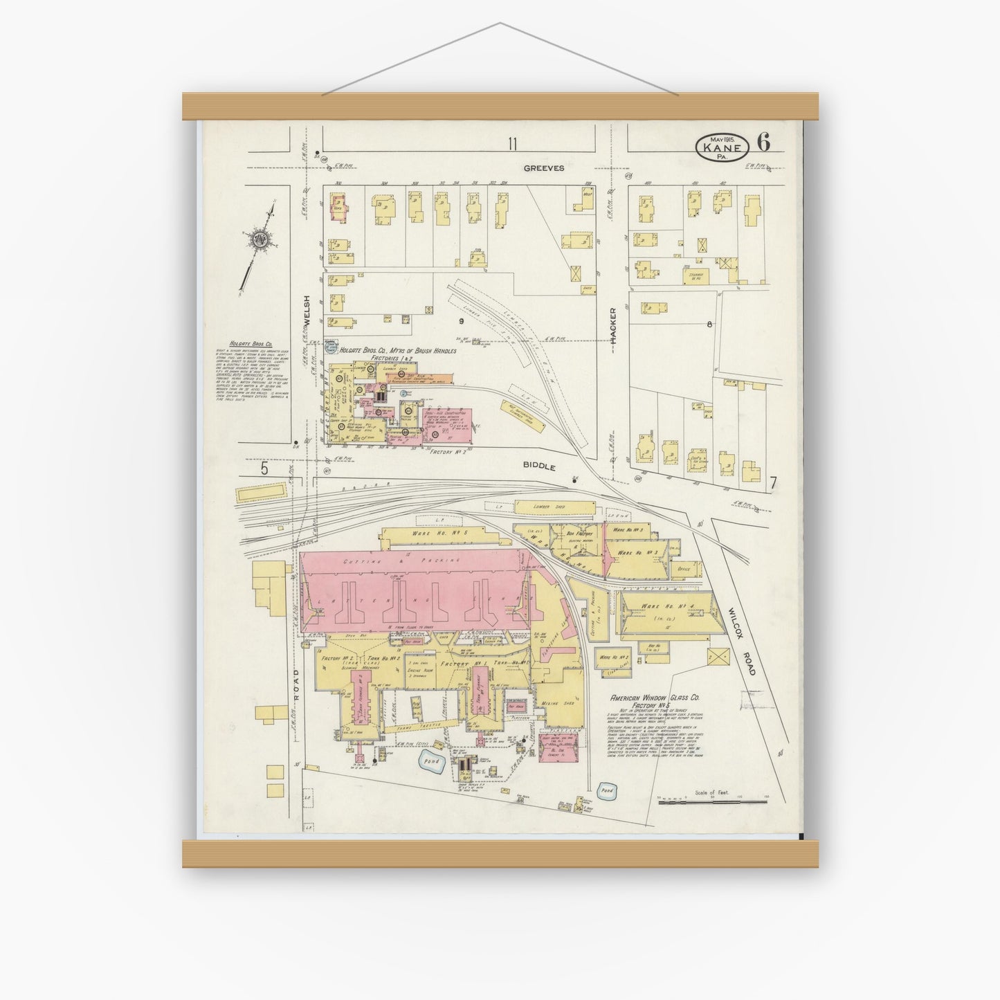 Old map wall art mockup — magnetic wood frame on white wall — Sanborn Fire Insurance Map from Kane, McKean County, Pennsylvania (1915), Sheet #0006
