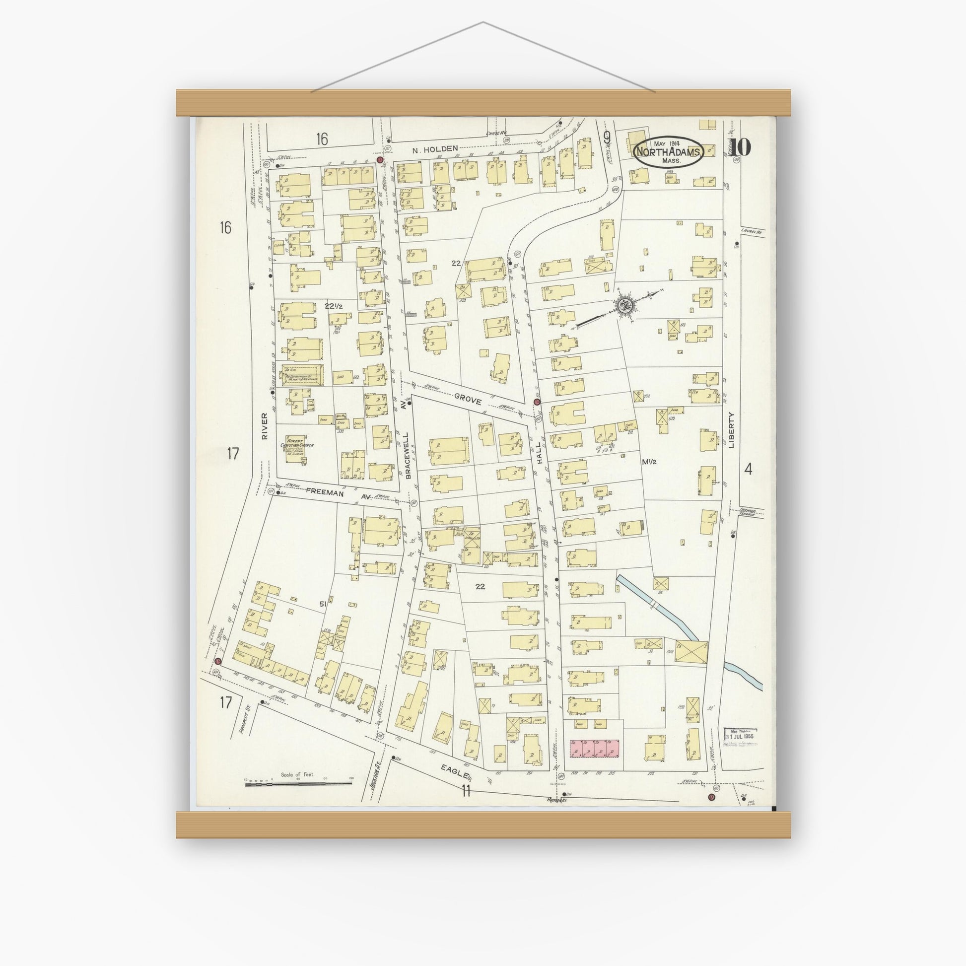 Old map wall art mockup — magnetic wood frame on white wall — Sanborn Fire Insurance Map from North Adams, Berkshire County, Massachusetts (1914), Sheet #0010