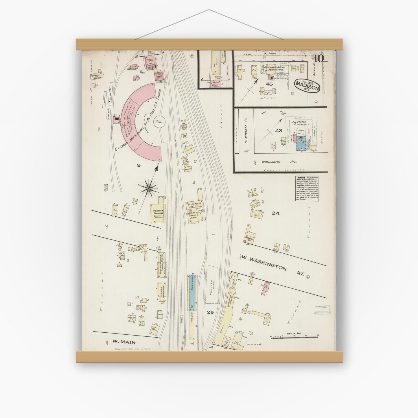 Old map wall art mockup — magnetic wood frame on white wall — Sanborn Fire Insurance Map from Madison, Dane County, Wisconsin (1885), Sheet #0010