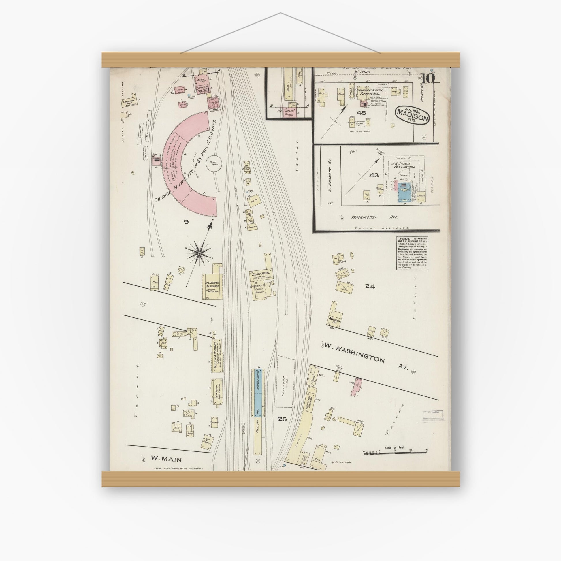 Old map wall art mockup — magnetic wood frame on white wall — Sanborn Fire Insurance Map from Madison, Dane County, Wisconsin (1885), Sheet #0010