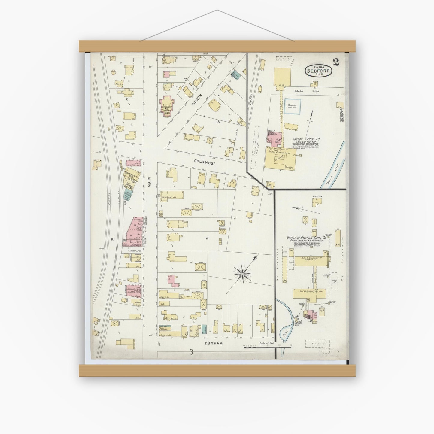 Old map wall art mockup — magnetic wood frame on white wall — Sanborn Fire Insurance Map from Bedford, Cuyahoga County, Ohio (1896), Sheet #0002