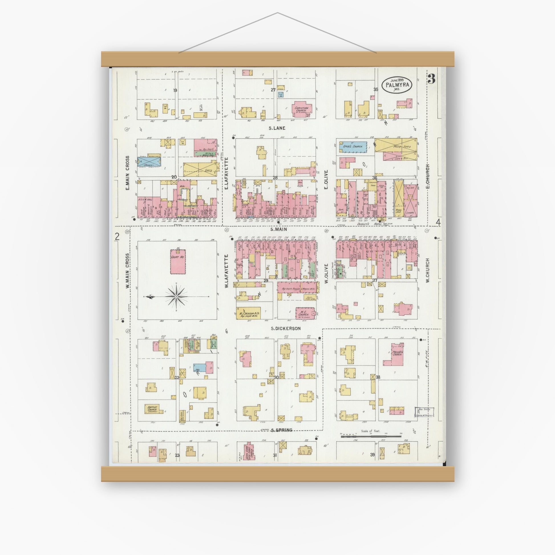 Old map wall art mockup — magnetic wood frame on white wall — Sanborn Fire Insurance Map from Palmyra, Marion County, Missouri (1899), Sheet #0003