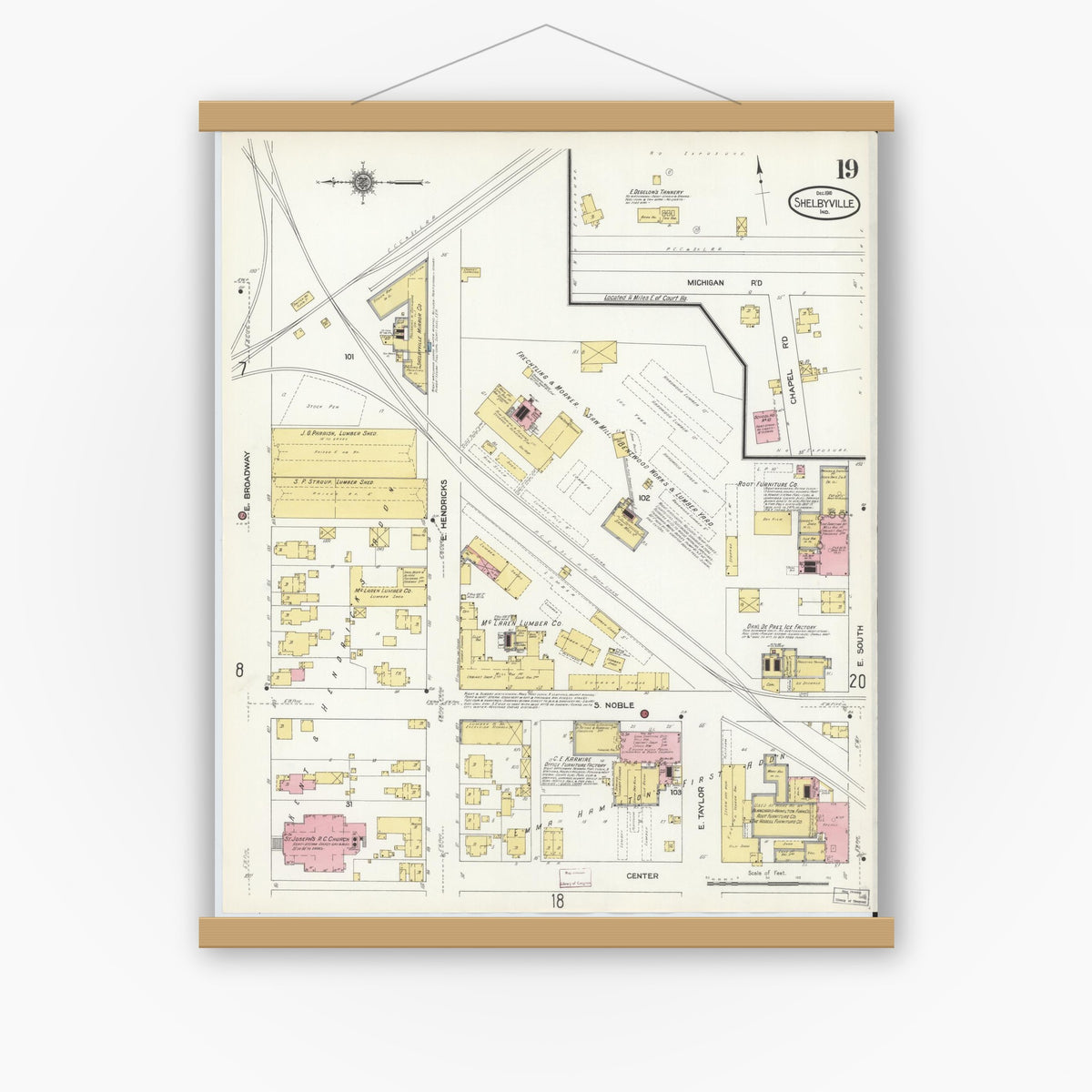 Old map wall art mockup — magnetic wood frame on white wall — Sanborn Fire Insurance Map from Shelbyville, Shelby County, Indiana (1910), Sheet #0019