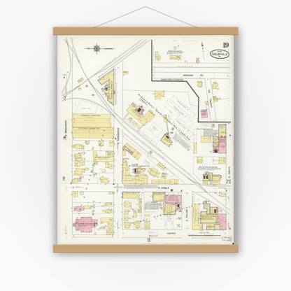 Old map wall art mockup — magnetic wood frame on white wall — Sanborn Fire Insurance Map from Shelbyville, Shelby County, Indiana (1910), Sheet #0019